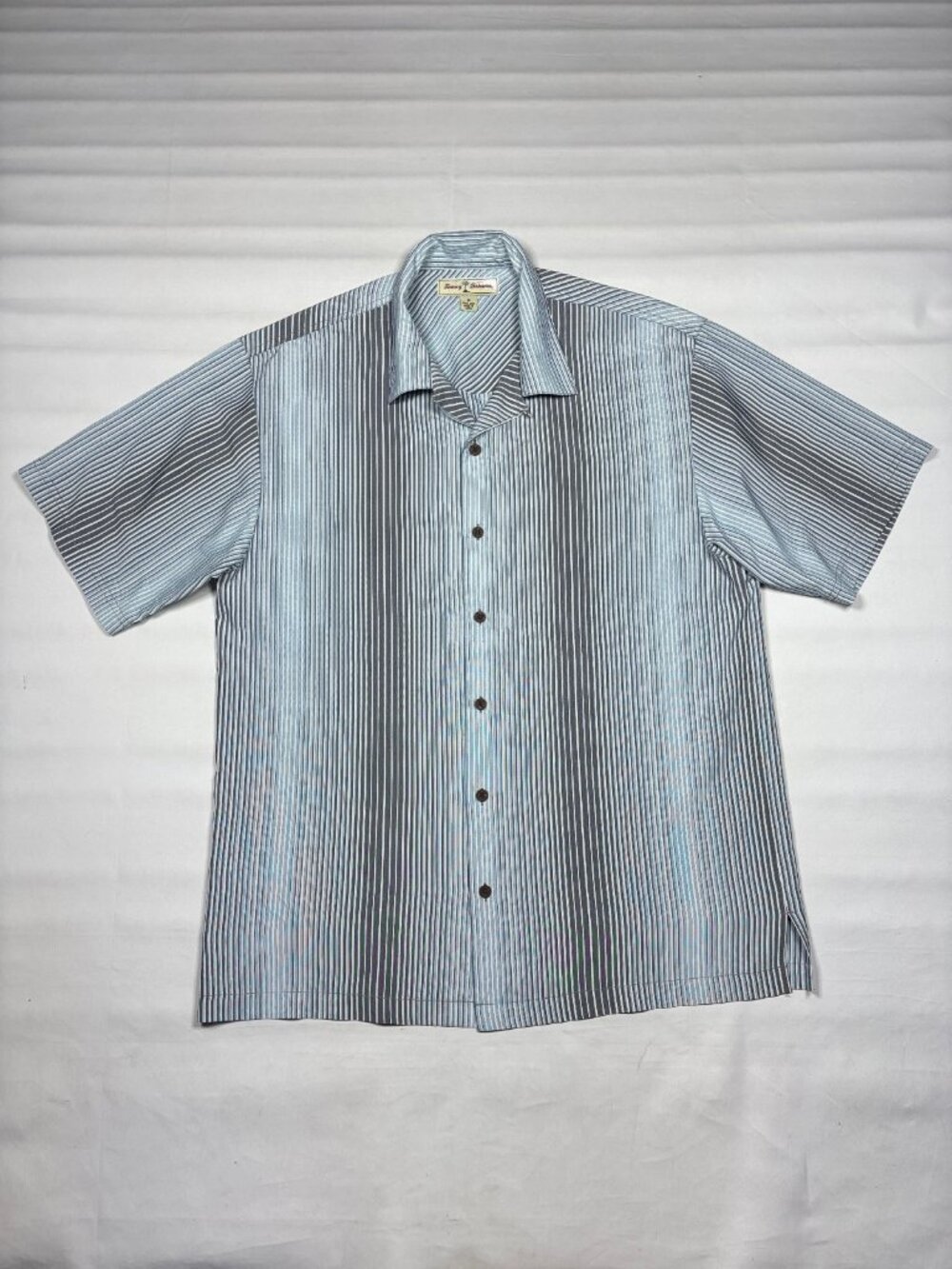 Tommy Bahama VTG Y2K Tag 100% Silk SS Button Camp Shirt Mens Med Blue Striped